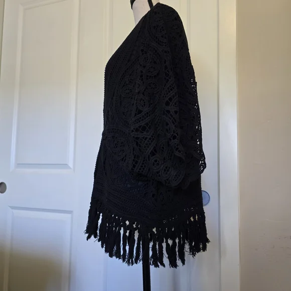 Greylin Anthropolgie Black Crochet Fringe Cardigan Size Small - Picture 4 of 15